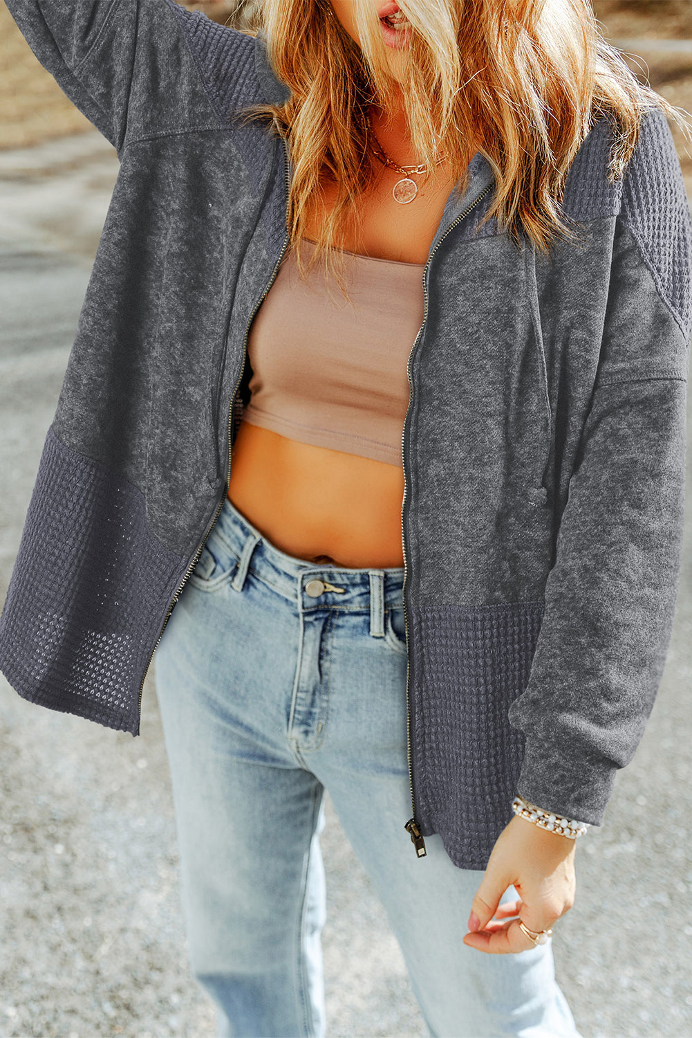 Waffle Patchwork Vintage Washed Hooded Jacket