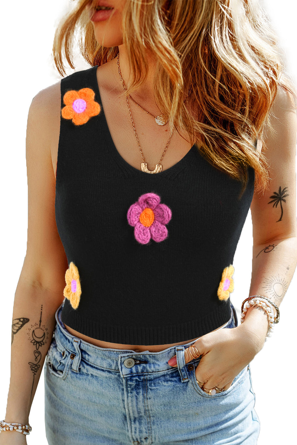Women's Vest with Flower Decor Cropped Sweater