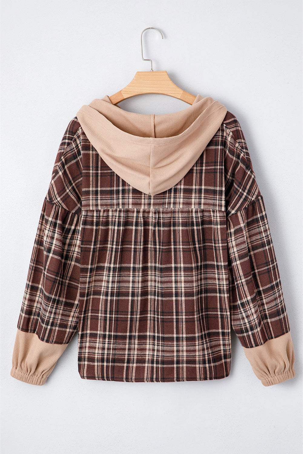 Long-Sleeved Plaid Patchwork Button Hooded Blouse