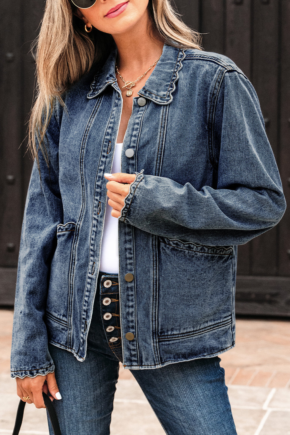 Collar Scallop Trim Patched Pocket Button-Front Denim Jacket