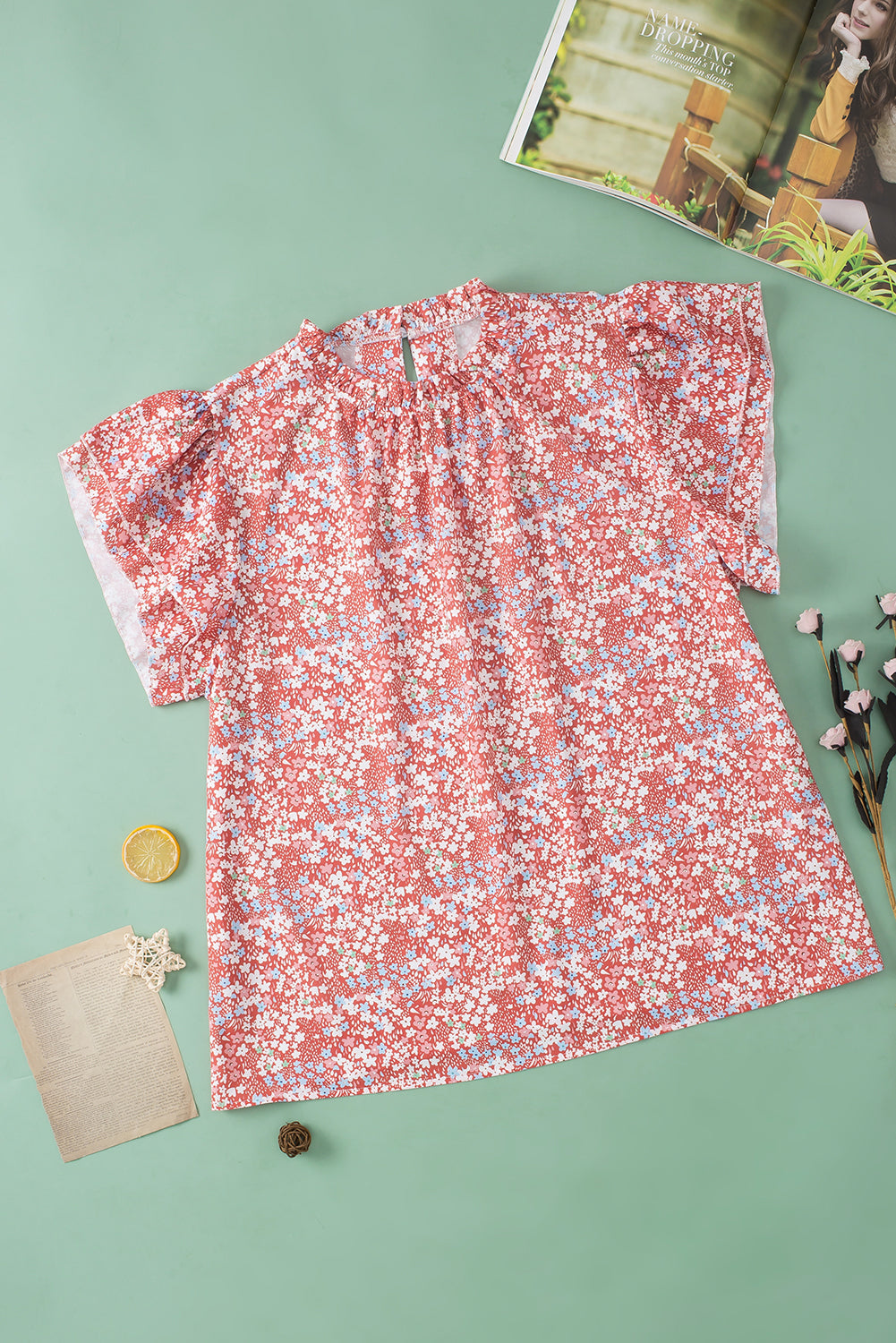 Women's Blouse Featuring Frill-Trimmed Neck Plus Size Floral-Print