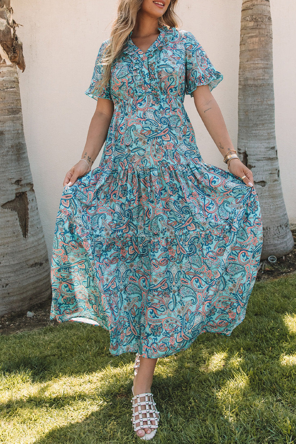 Women's Maxi Dress with Paisley Bohemian Ruffle-Trimmed Layered