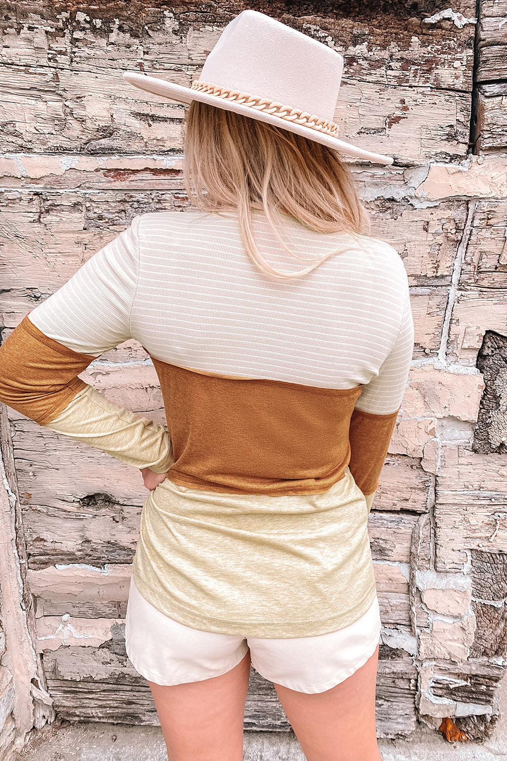 Henley Top for Women Striped Color-Block