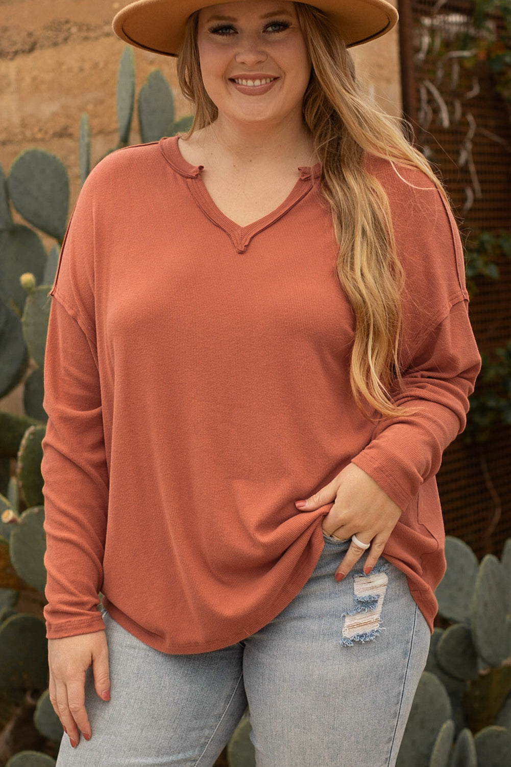 Women's Top with Plus Size V Neck Long-Sleeve