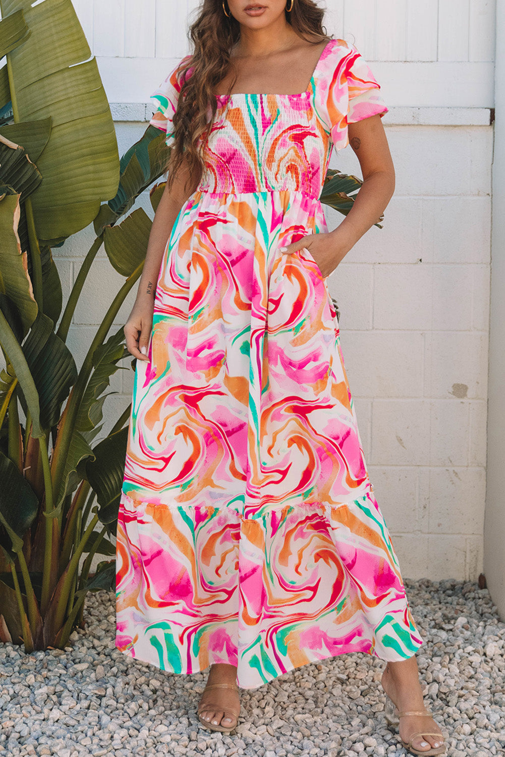 Pink Abstract Print Smocked Bust Maxi Dress