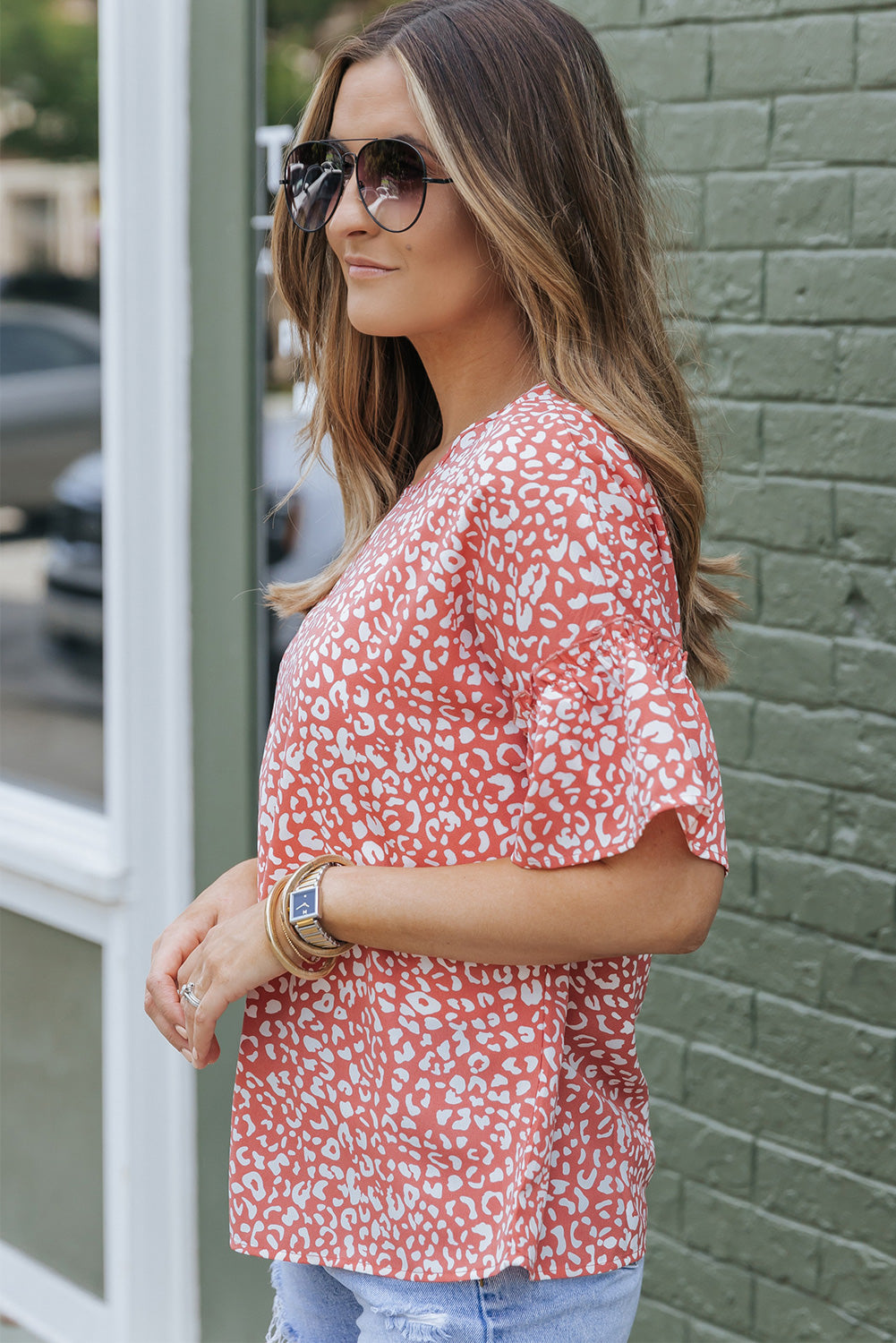Women's T-shirt Featuring Leopard-Print Ruffle-Trimmed Sleeve