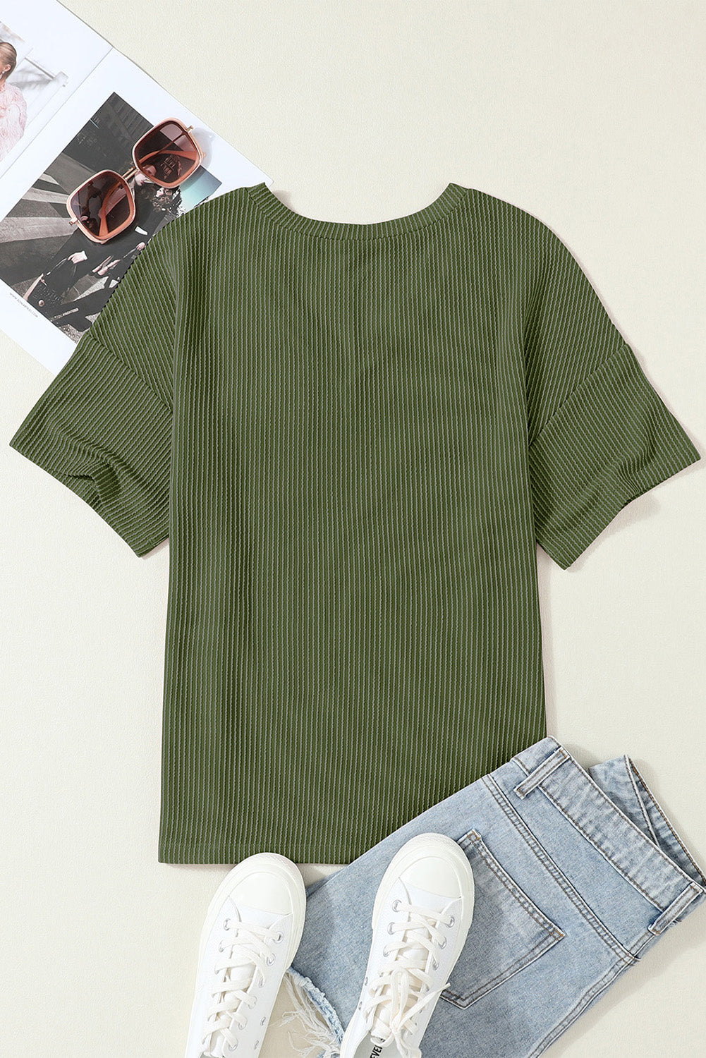 Corded Pocket V-Neck Chest Loose T-shirt