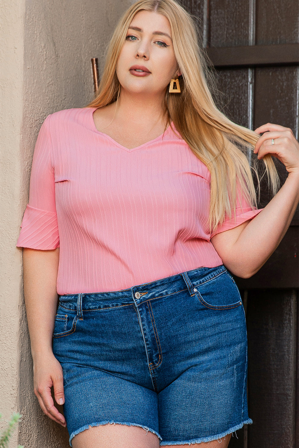 Women's Blouse Featuring Ruffle-Trimmed Half Sleeve Plus