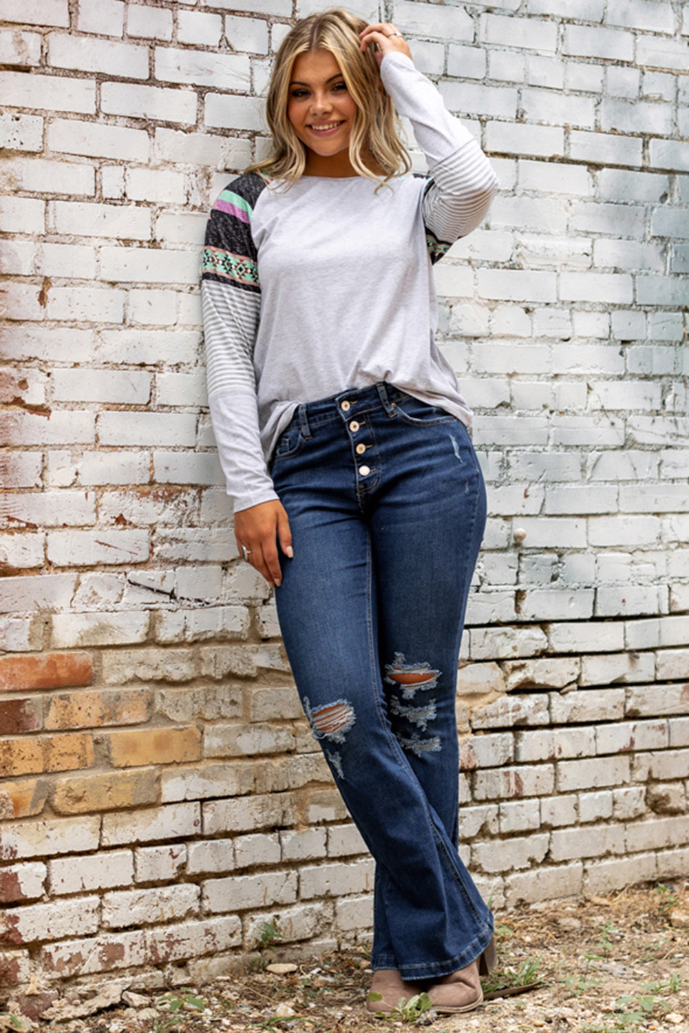 Women's Jeans with Distressed Flare Bottom Washed