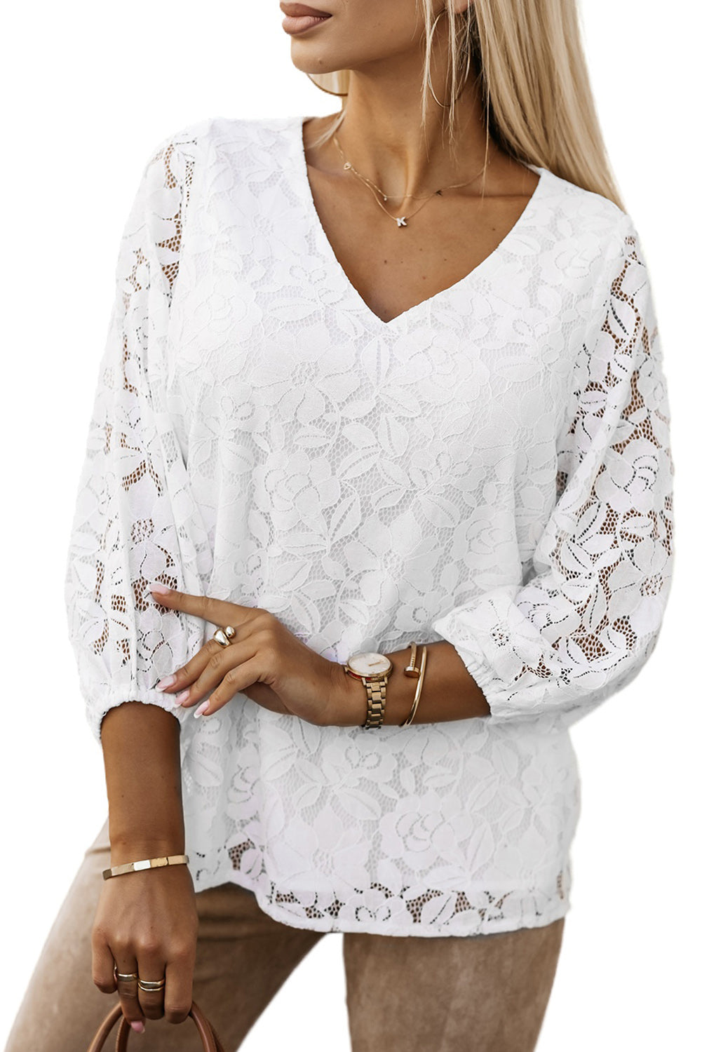 Women's Floral-Print Lace-Trimmed Fit V Neck Top