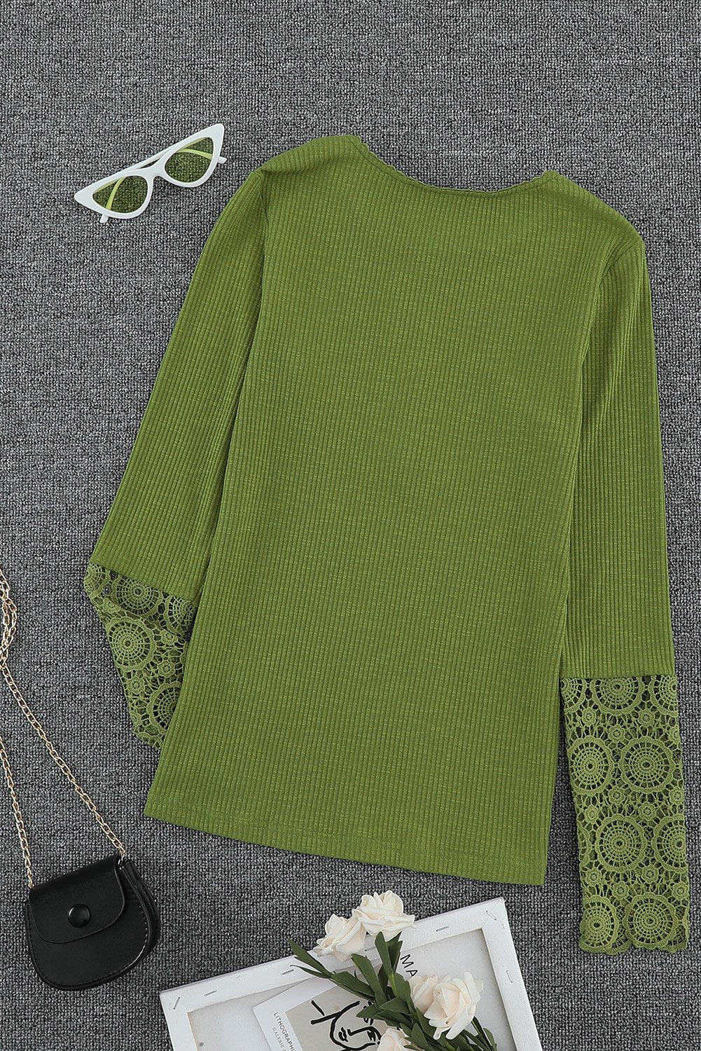 Top for Women Women's Green Crochet Lace-Trimmed Hem Sleeve Button Everyday