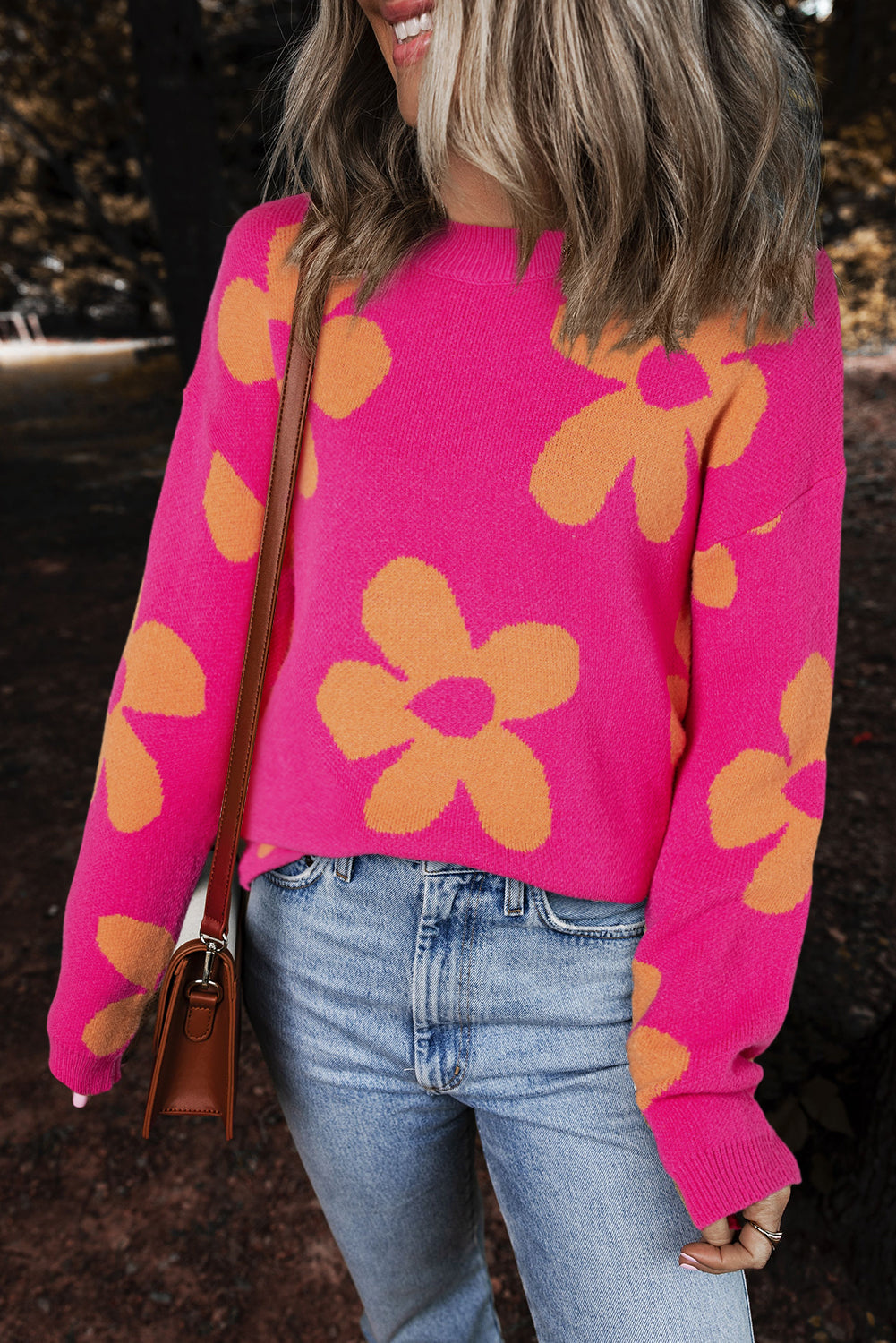 Big Flower Pattern Mock Neck Long Sleeve Sweater