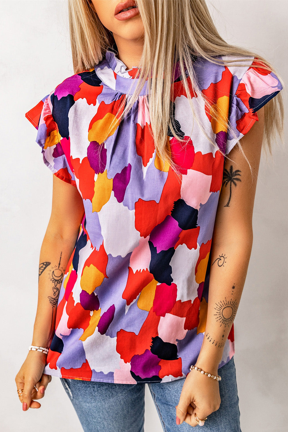 Top for Women Frill Mock Neck Ruffle-Trimmed Cap