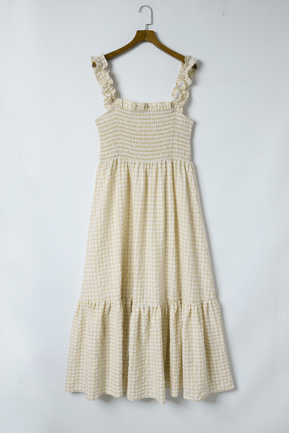 Maxi Dress for Women Plaid Ruffle-Trimmed Sleeve Shirred
