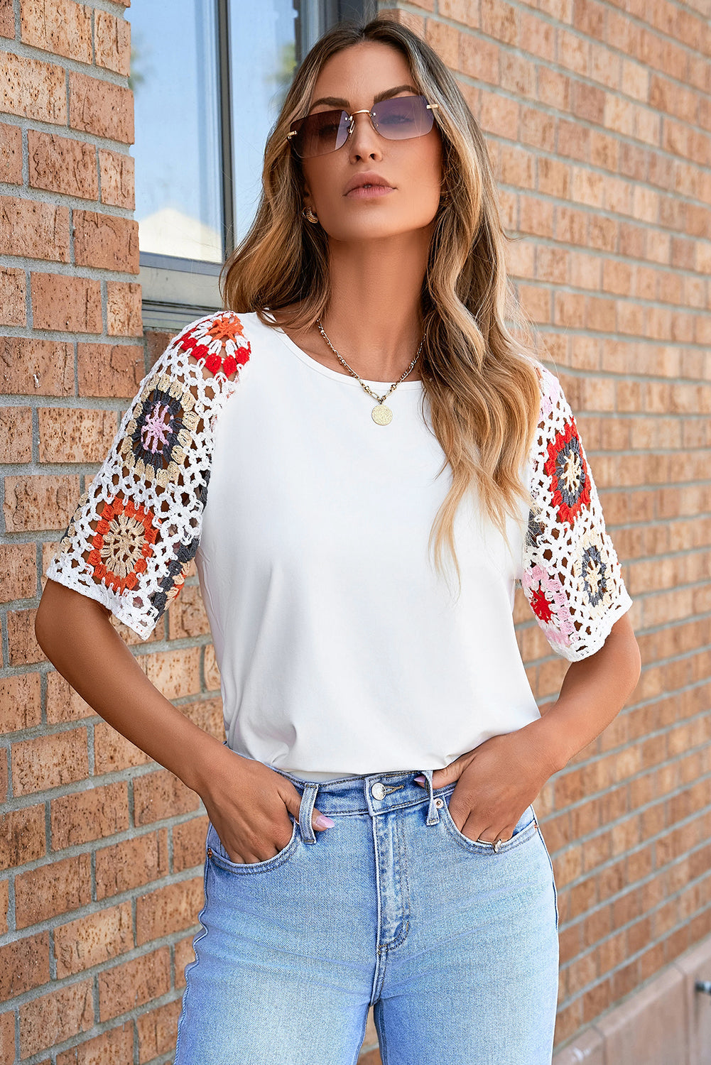 Women's Top with Crochet Short-Sleeve Floral-Print