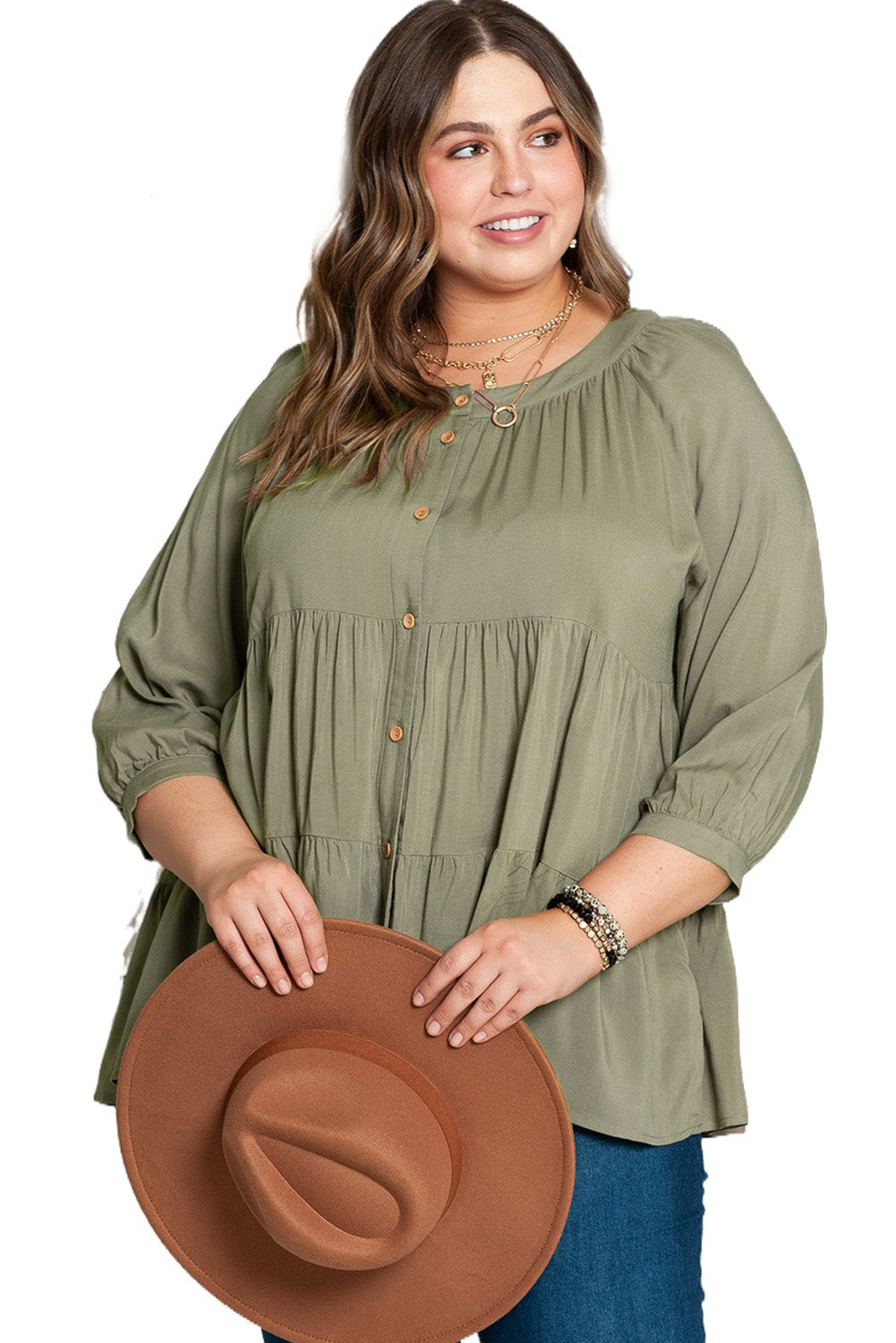 Women's Shirt Featuring Ruffle-Trimmed Layered Plus Size