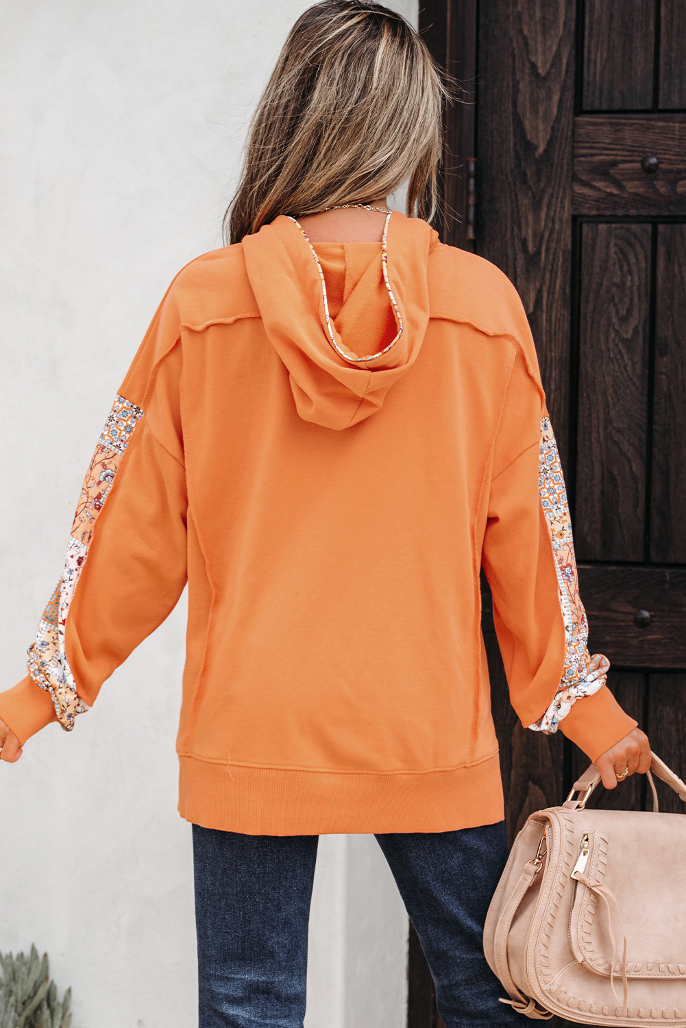 Patchwork Mix Floral Side Slit Drawcord Hoodie
