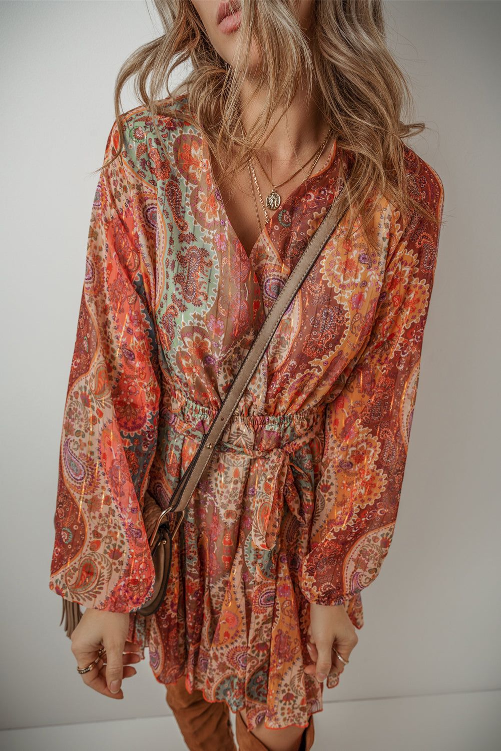 Women's Bohemian Pleat-Detail Belted Mini Dress