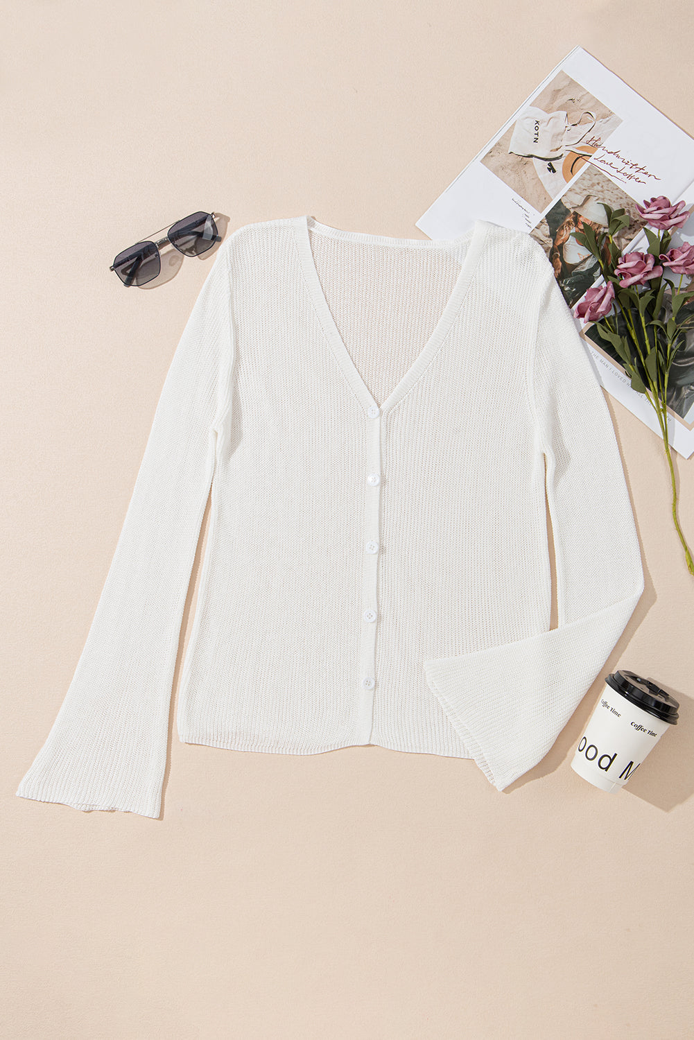 Button Lightweight V-Neck Front Bell Sleeve Cardigan Knit Top