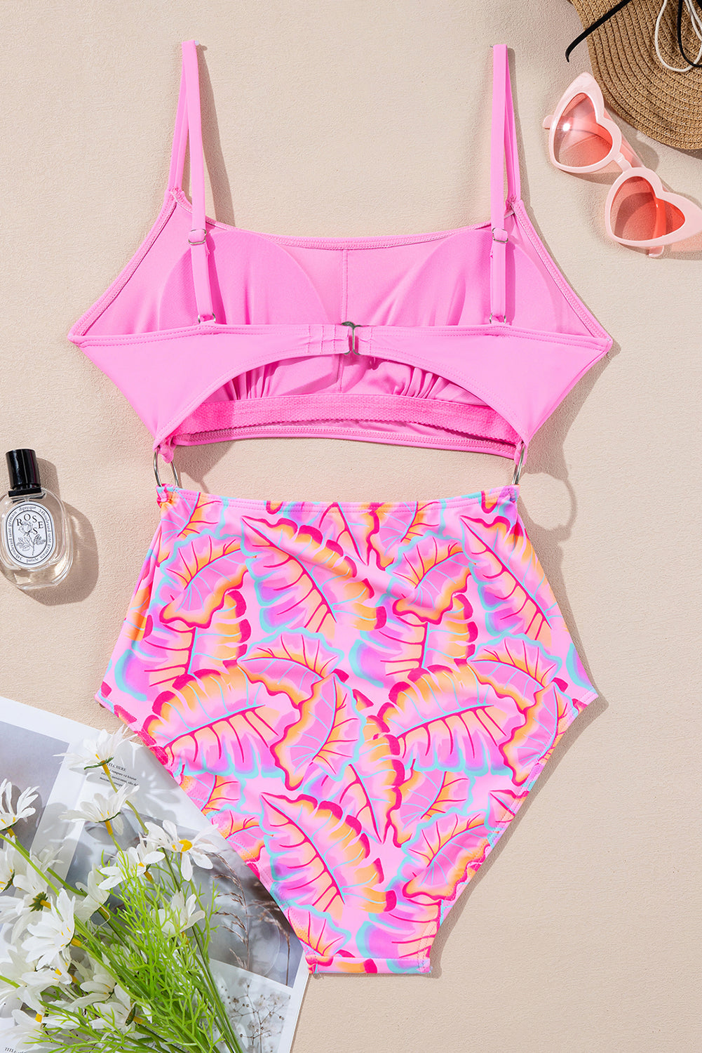 O-ring Joint Leafy Print High Waist Monokini