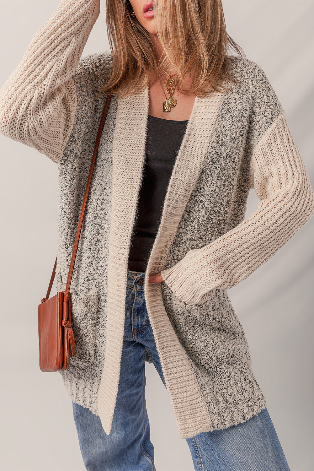 Colorblock Side Pockets Open-Front Cardigan