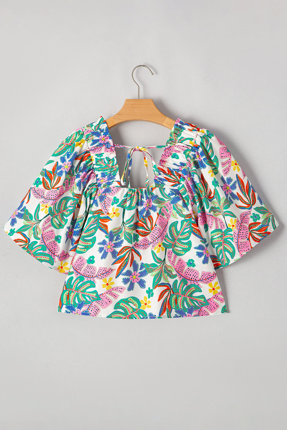 Plant Print Loose Fit Puff Sleeve Square Neck Blouse