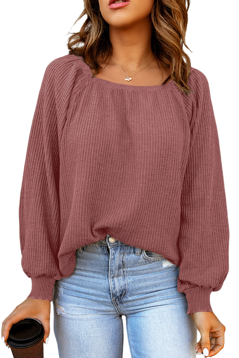Women's Knit Top with Waffle Balloon Sleeve