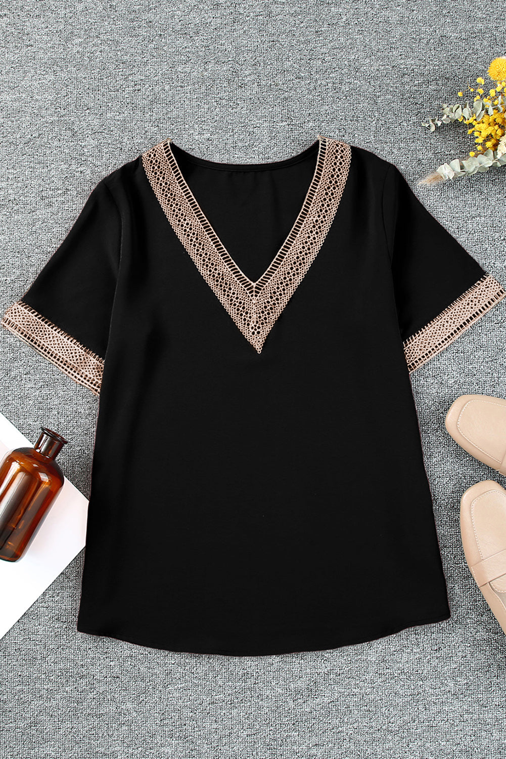 Women's Plus Size Lace-Trimmed Trim V Neck Top