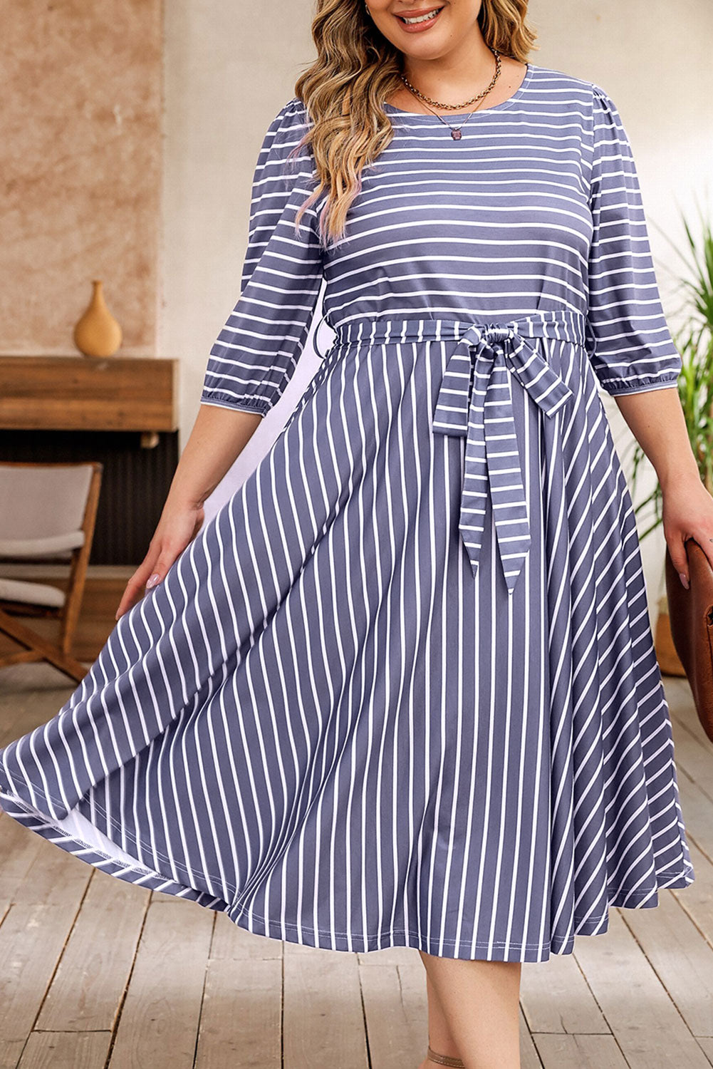 Dress for Women Tie Waist Three-Quarter Sleeve Plus Size