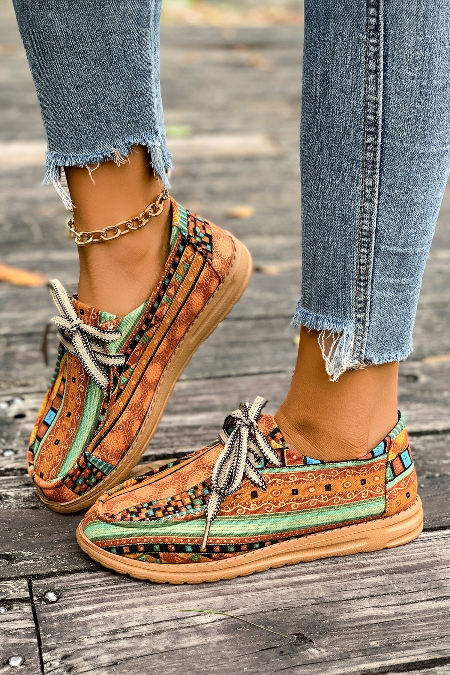 Artistic Print Ethnic Print Lace-up Detail Comfort Loafer Shoes