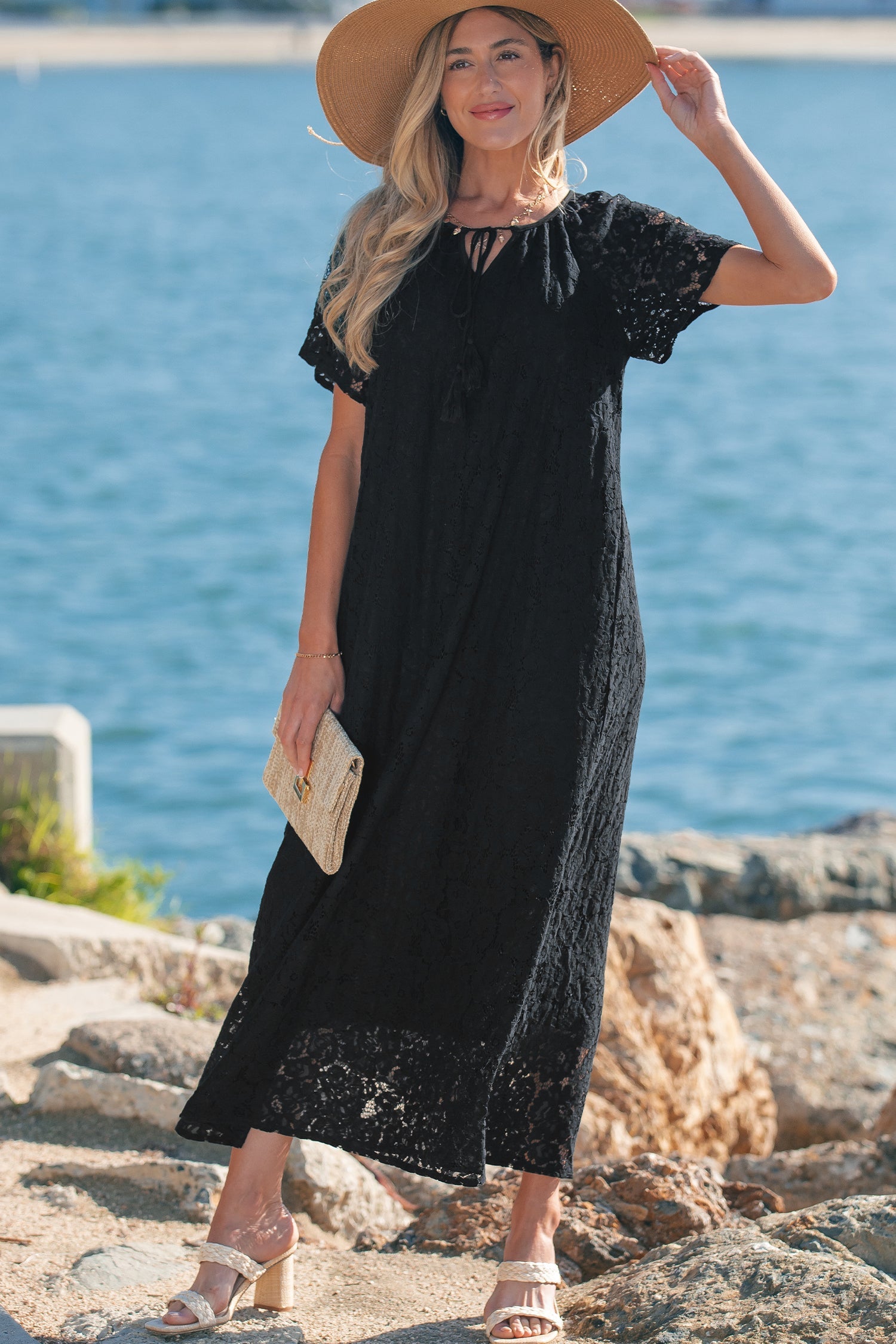 Lace Tie Overlay Tassel Short-Sleeved Beach Vacation Loose Maxi Dress in Black