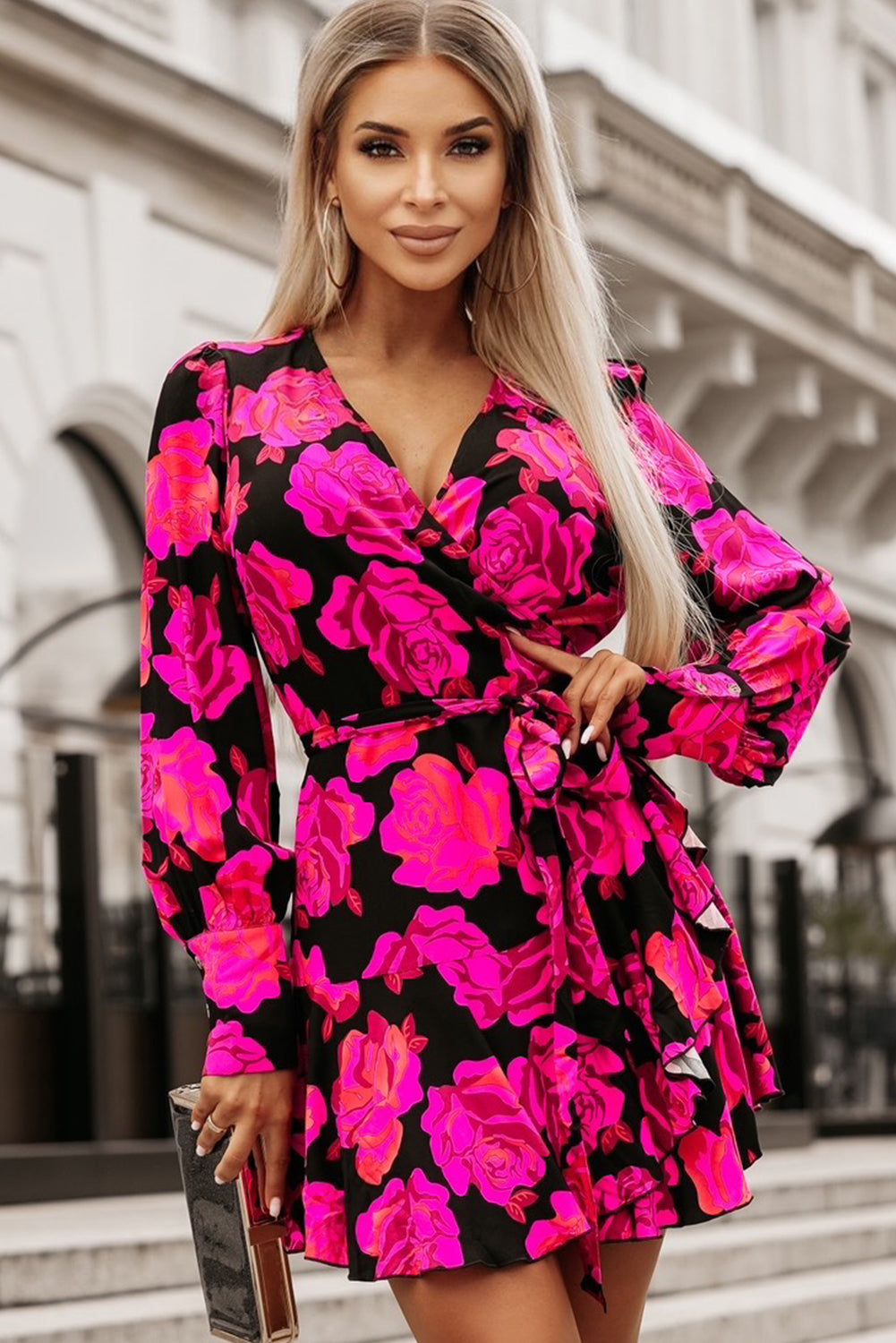 Dresses for Women Print V Neck Wrap Bishop Sleeve Ruffle-Trimmed Layered Mini Floral-Print