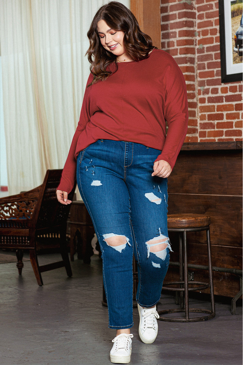Women's Top Featuring Piping Detail Plus Size Long-Sleeve