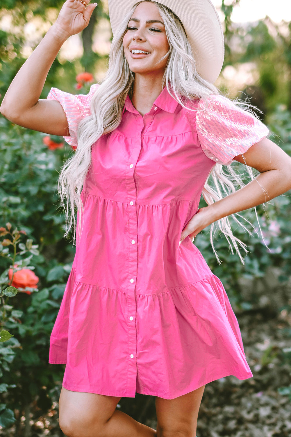 Women's Shirt Dress with Bubble Layered Ruffle-Trimmed