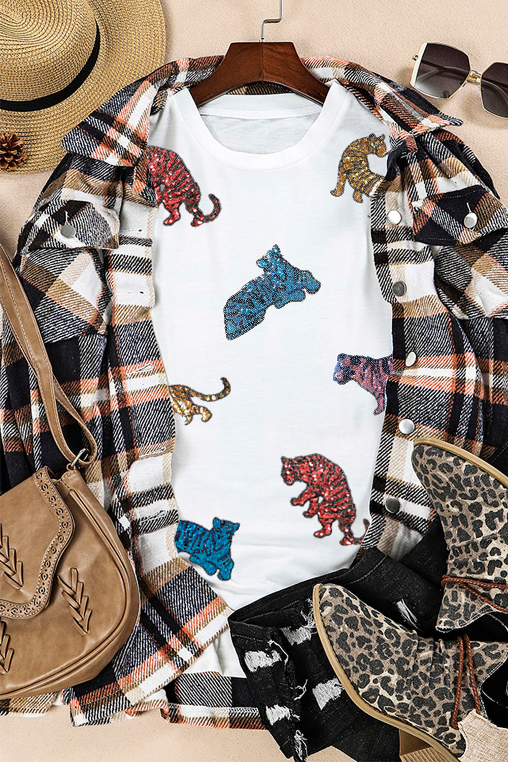 Women's T-shirt Featuring Shiny Tiger Patch Graphic-Print Summer