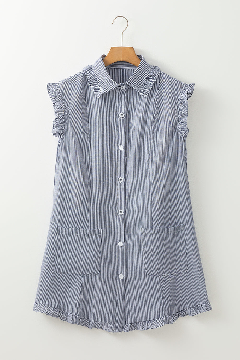 Blue Stripe Sleeveless Pocket Button Up Mini Dress