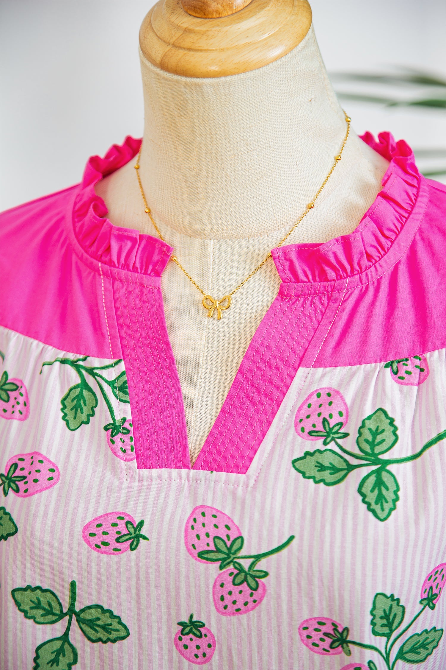 Printed Striped Strawberry Colorblock Patchwork V-Neck Flutter Sleeve Blouse