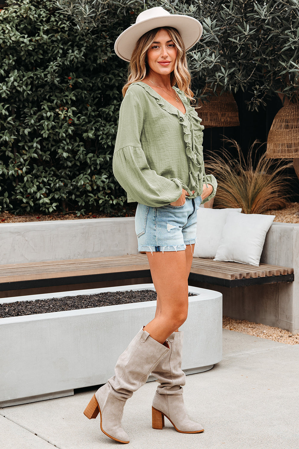 Bow Ruffle Tie Front Trim V-Neck Long-Sleeved Gauze Blouse