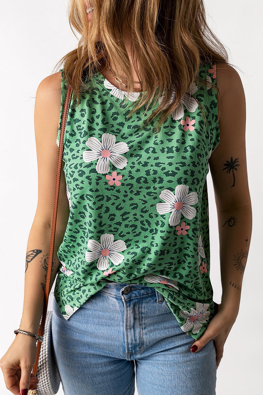 Tank Top for Women Crew Neck Floral-Print