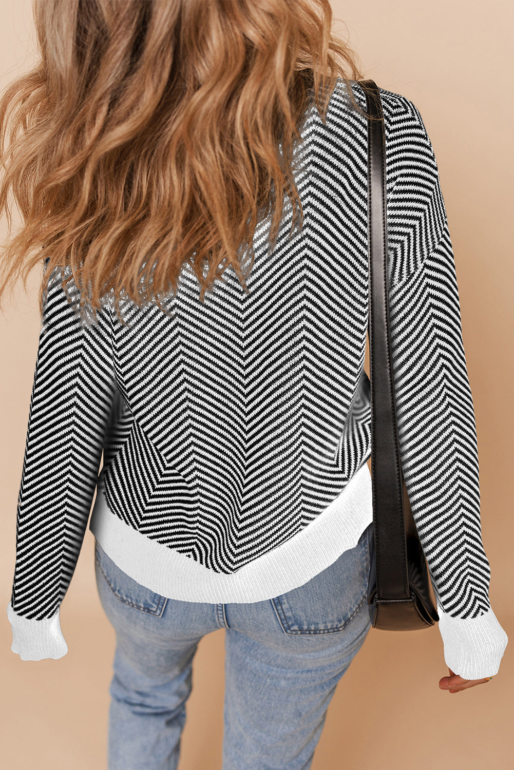 Stripe Herringbone Button-Front V-Neck Cardigan in Black