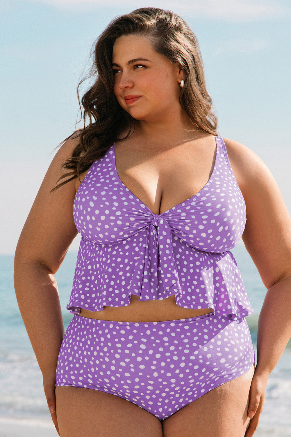 Purple Plus Size Polka Dot Print Ruffled Tankini Set