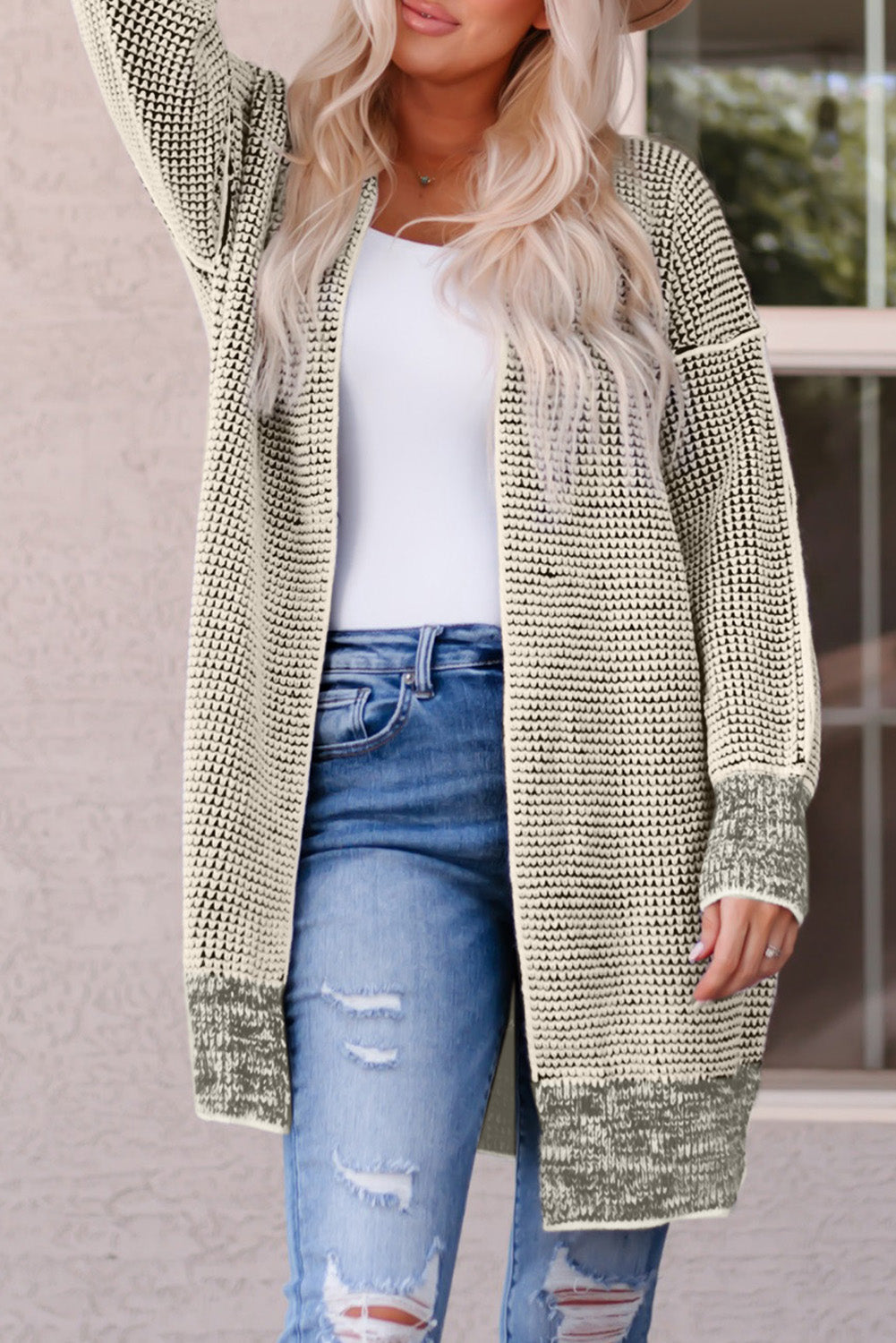 Cardigan for Women Plaid Knitted Long Open Front Apricot