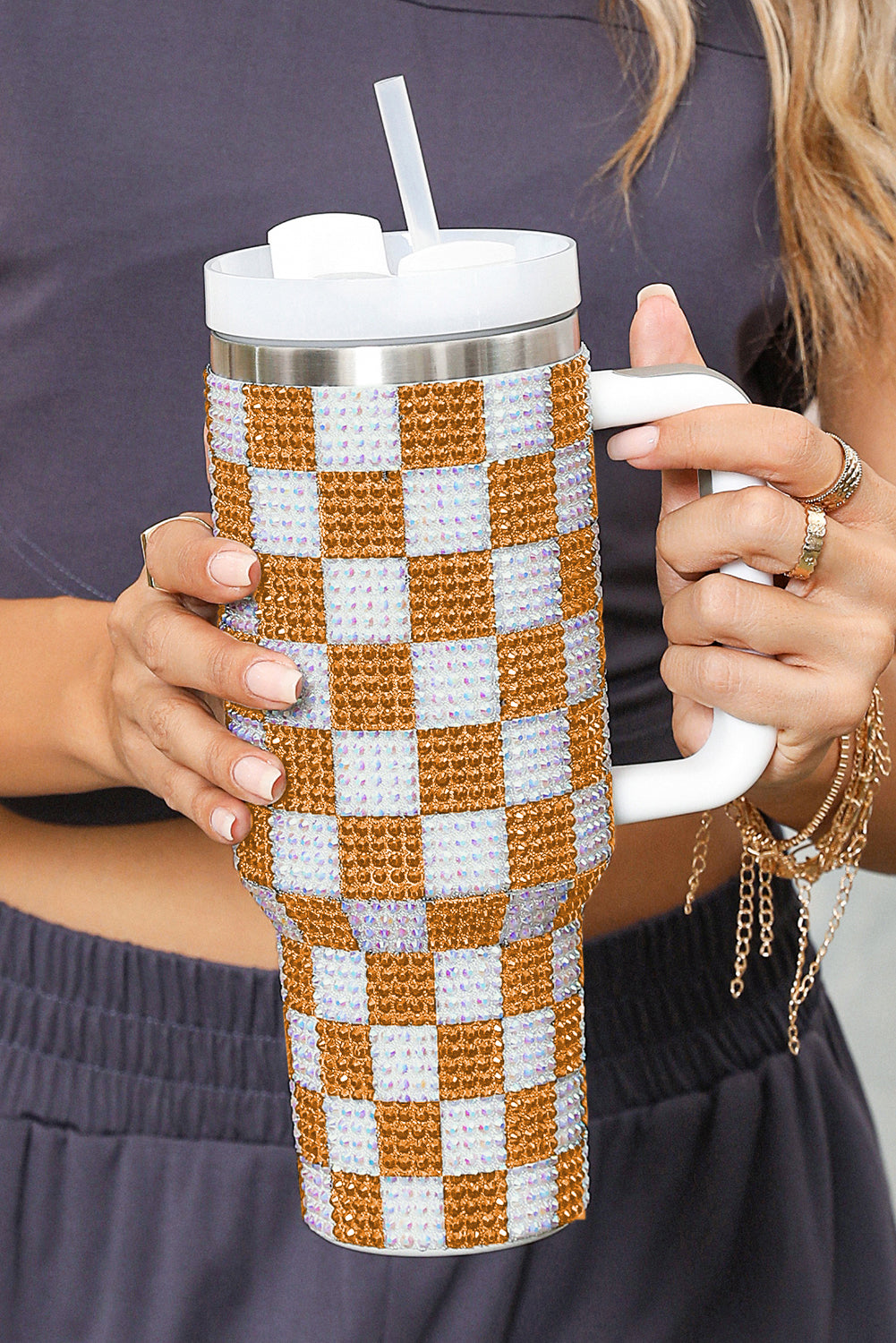 Rhinestone Checkerboard Full Checkerboard Handled Tumbler 40oz