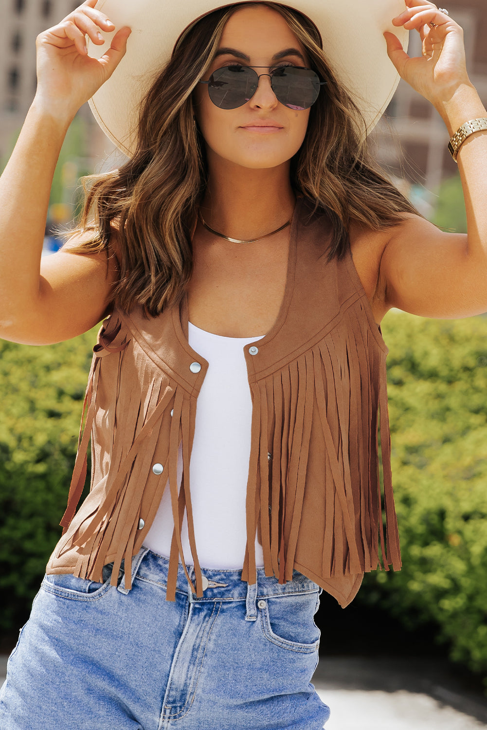 Women's Vest with Fringed Snap Suedette