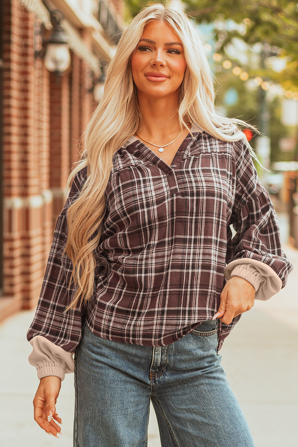 Long-Sleeved Plaid Patchwork Button Hooded Blouse