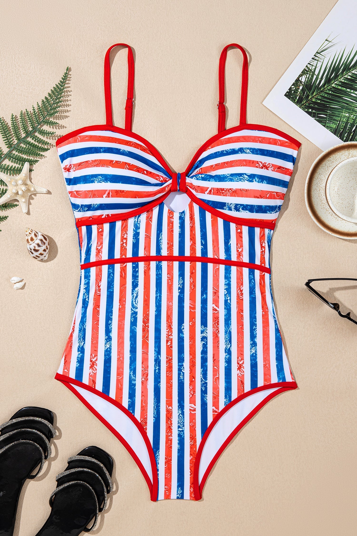 4th Stripes July Stripes Star Floral Impression Cutout Spaghetti Straps One Piece Swimsuit in Red