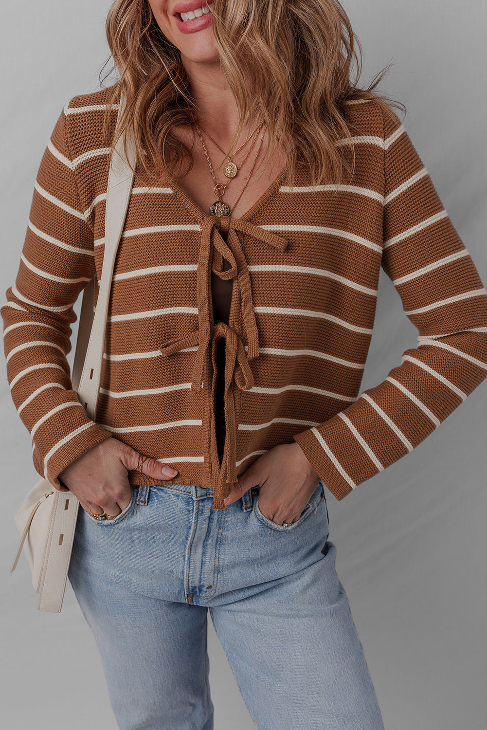 Front Striped Tie Striped Knit V-Neck Cardigan Knit Top