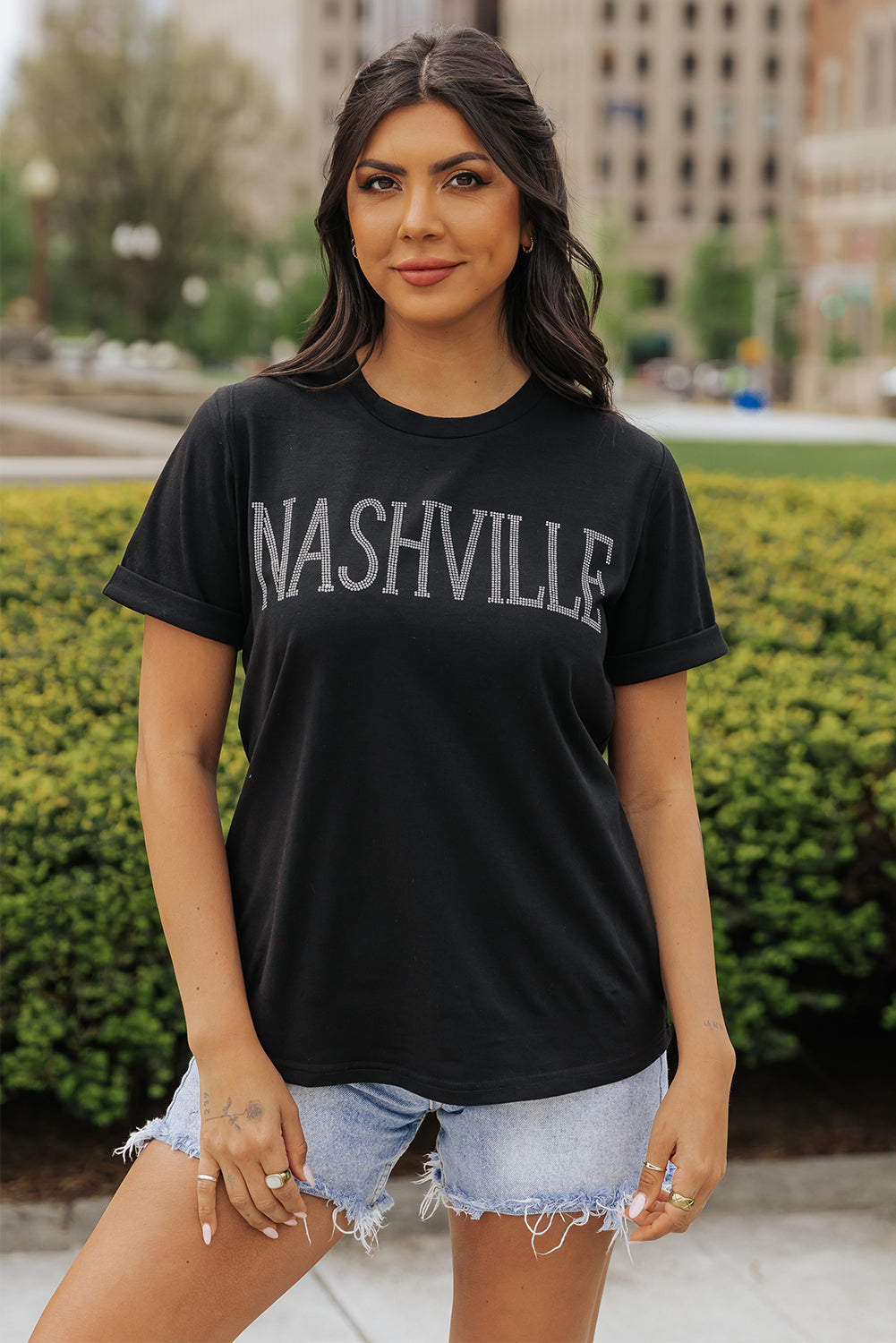 Women's T Shirt with Crew Neck Rhinestone NASHVILLE Graphic-Print