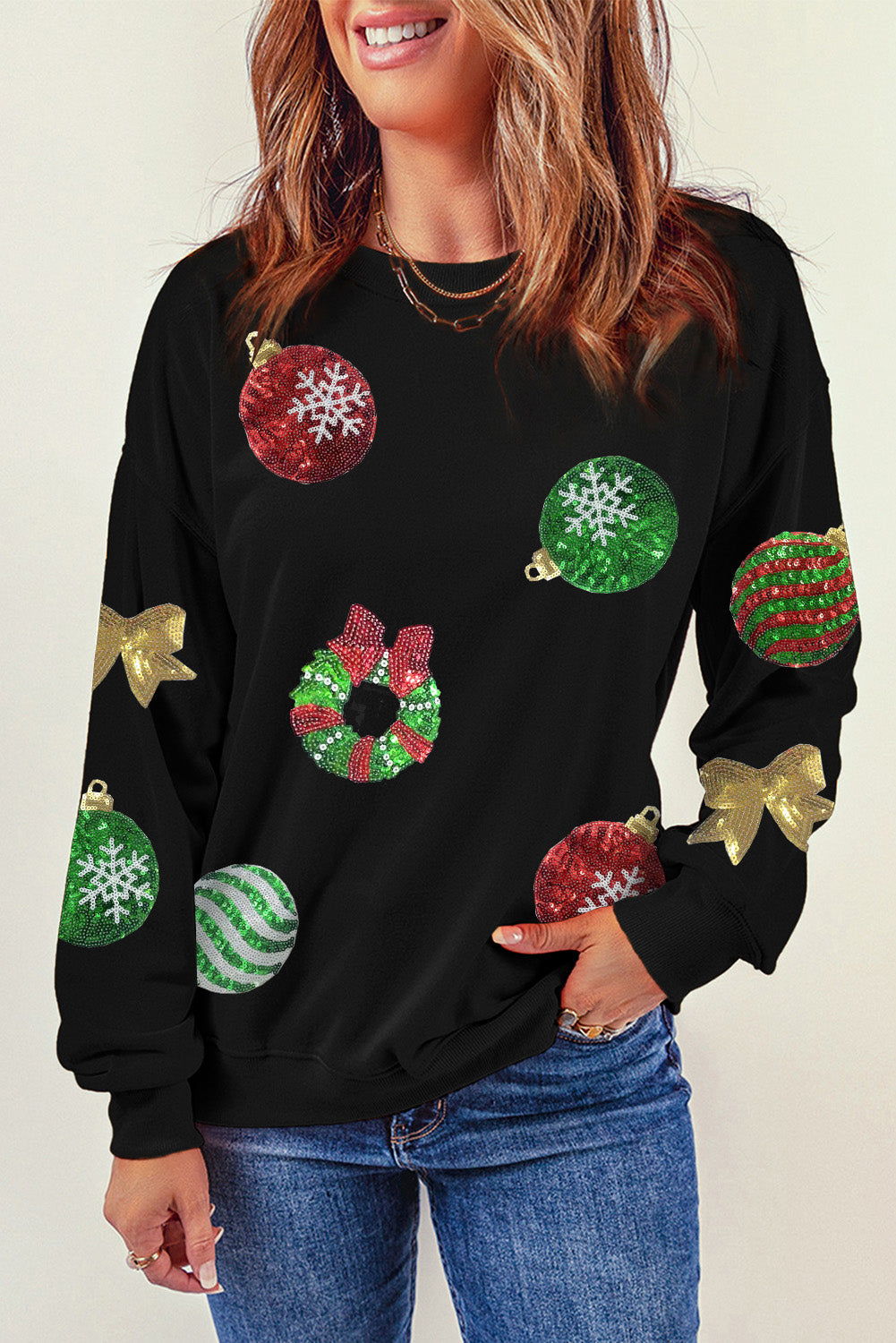 Women's Pullover Sweatshirt Featuring Sequined Christmas Graphic-Print