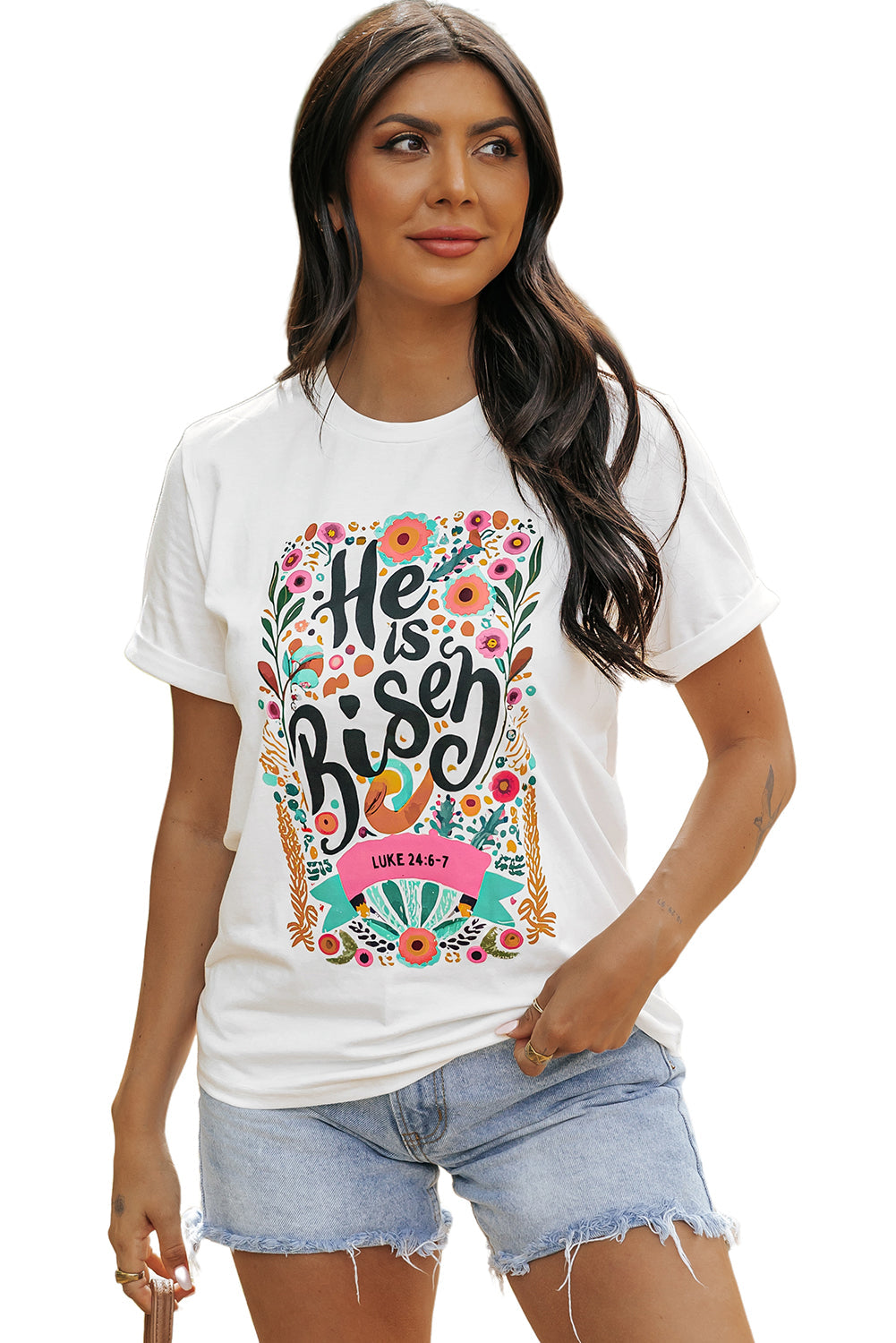 Women's T Shirt Featuring He Is Risen Floral-Print Print Round Neck